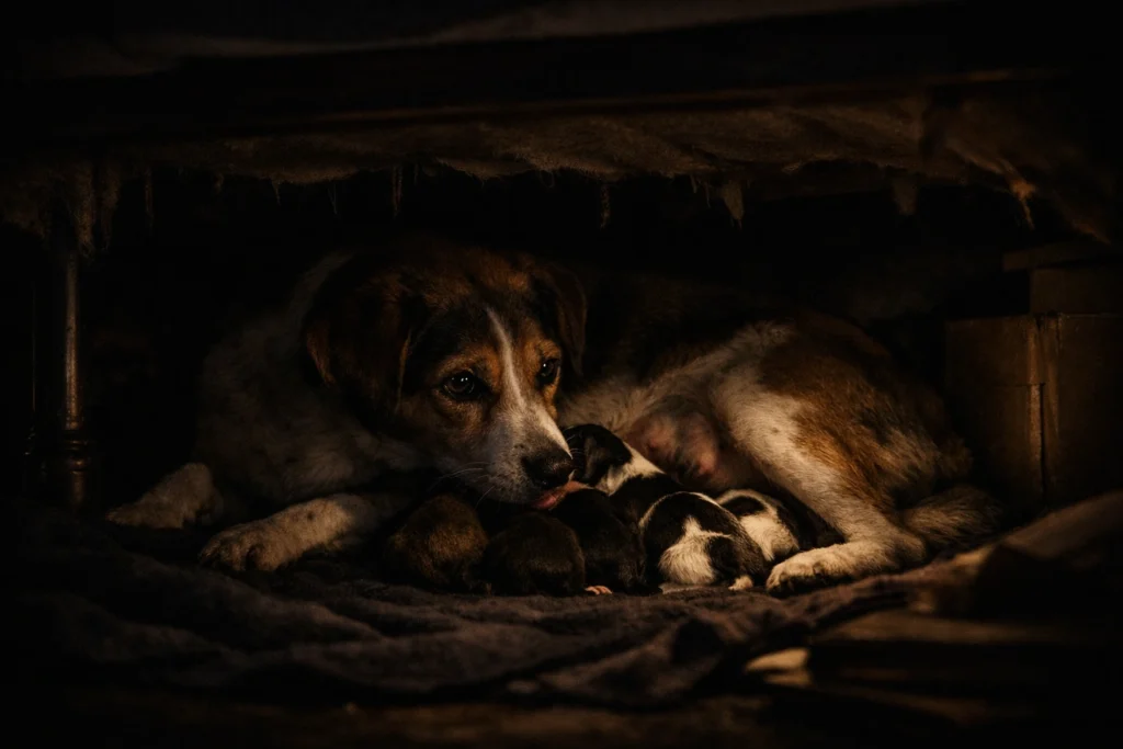 Chienne qui a mise bas dans l’obscurité