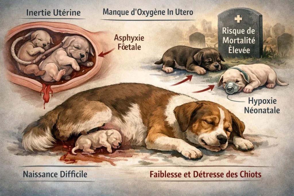 Dessin qui illustre le haut niveau de mortalité des chiots à la mise bas. Hypoxie néonatale, asphyxie fœtale